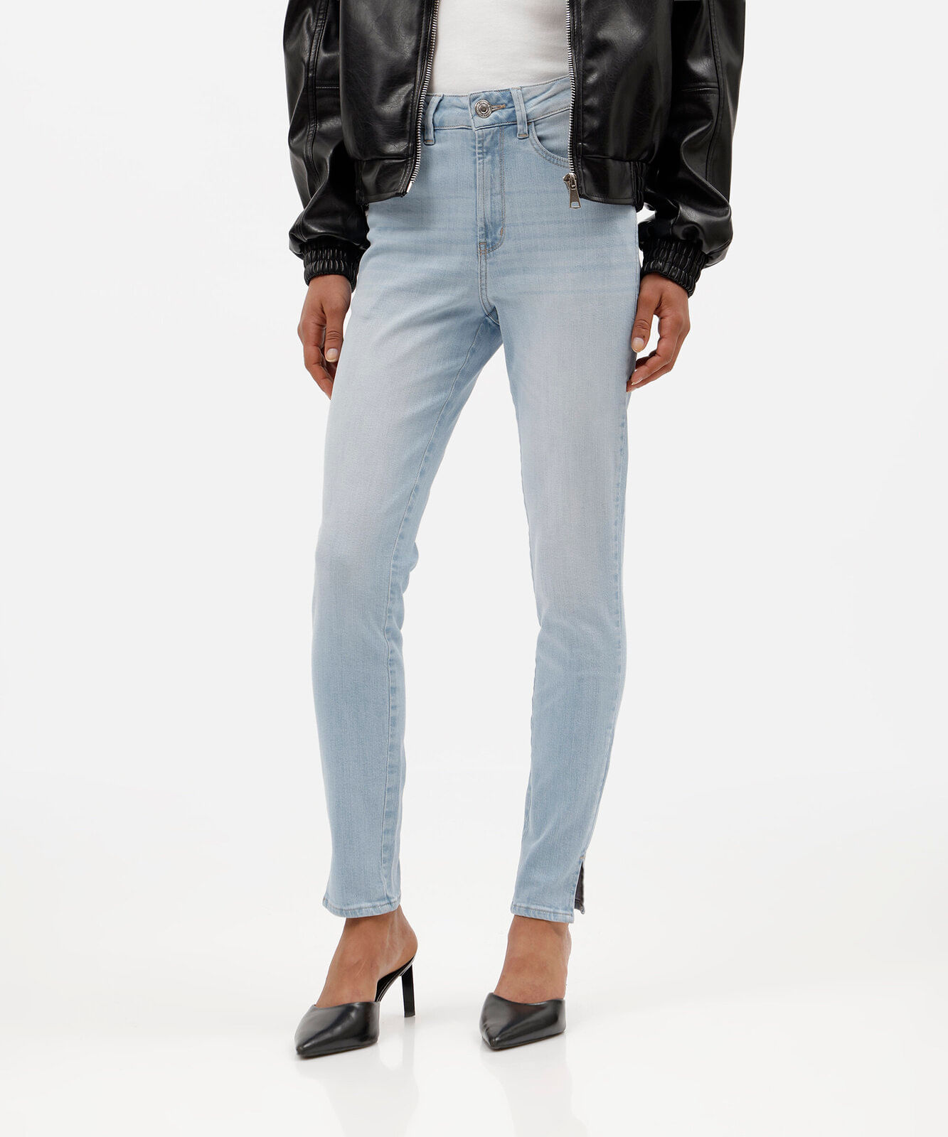 calça skinny feminina jeans cintura alta com fendas azul
