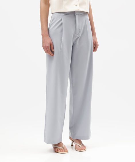 calça reta de alfaiataria feminina com viscose e pregas cintura alta azul