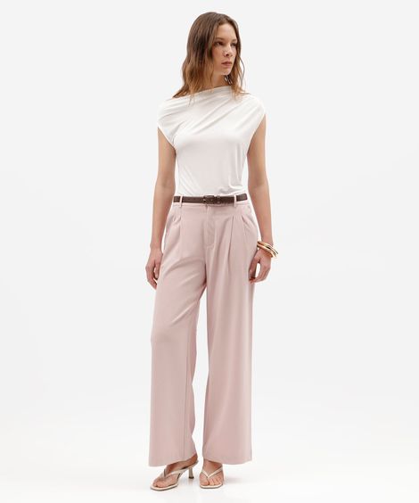 calça de alfaiataria wide leg feminina com pregas rosa