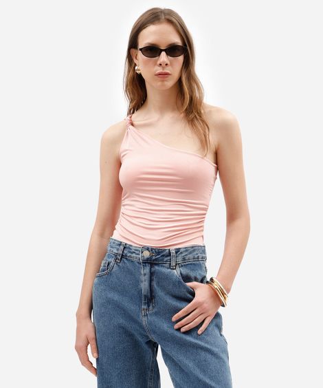 blusa ombro único feminina franzida com nó rosa