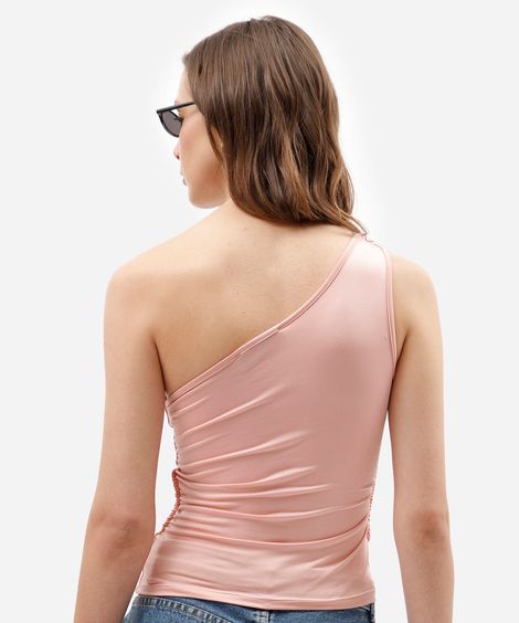 blusa ombro único feminina franzida com nó rosa