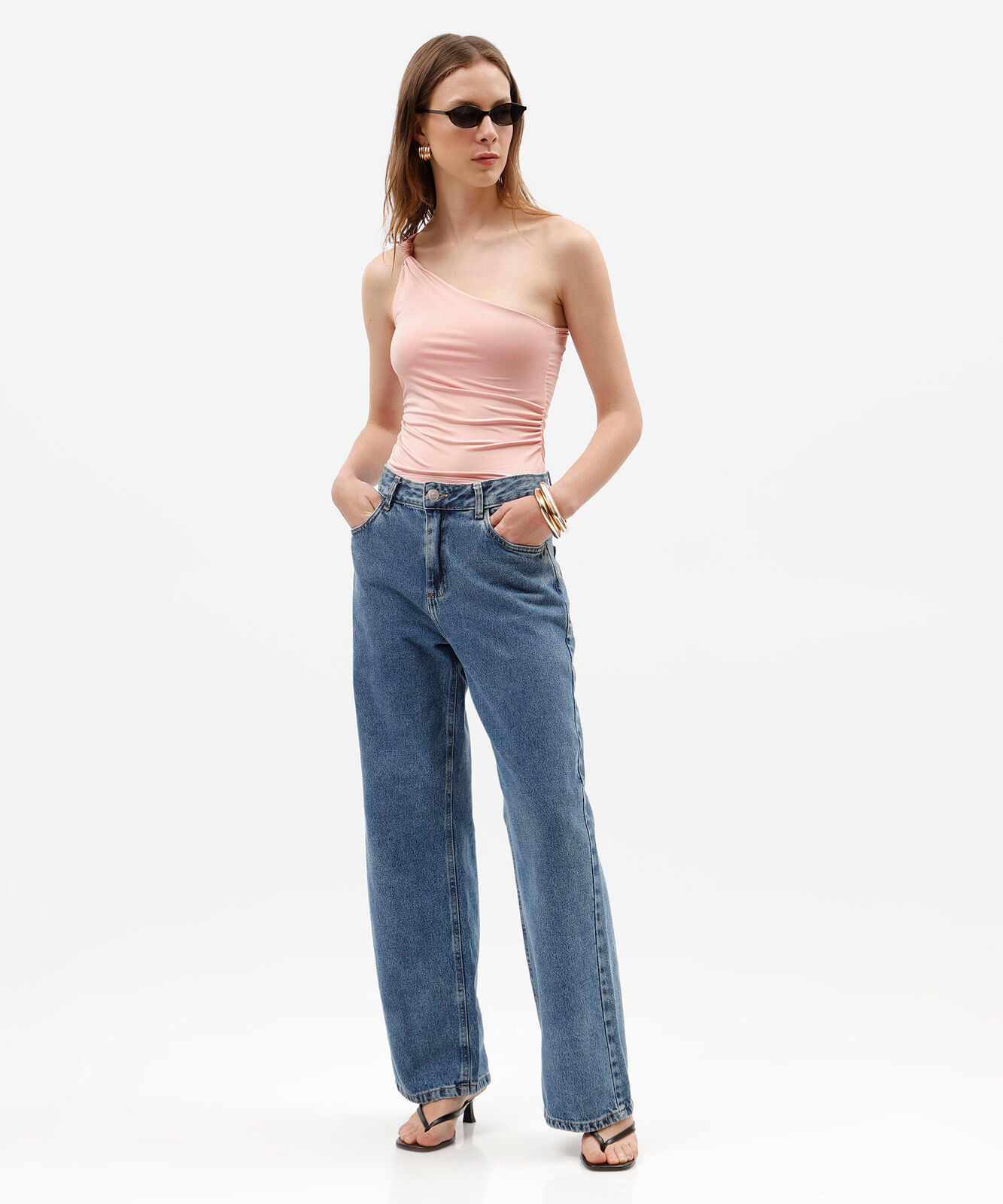 blusa ombro único feminina franzida com nó rosa