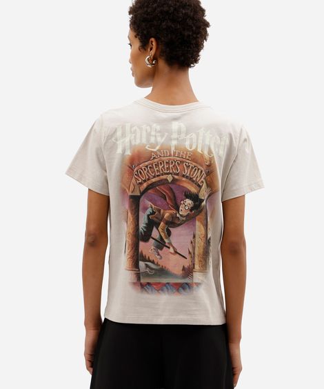 camiseta feminina de algodão manga curta harry potter cinza