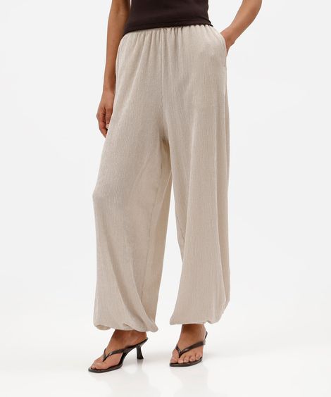 calça balloon feminina cós elástico texturizada cinza