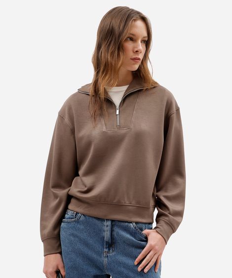 blusão feminino de moletom gola alta com zíper marrom