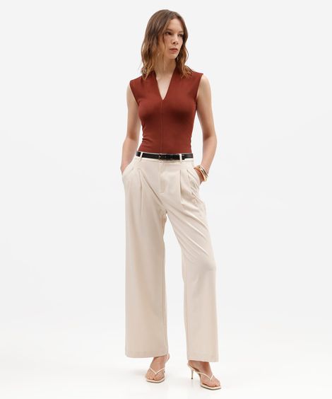 calça de alfaiataria wide leg feminina com pregas bege