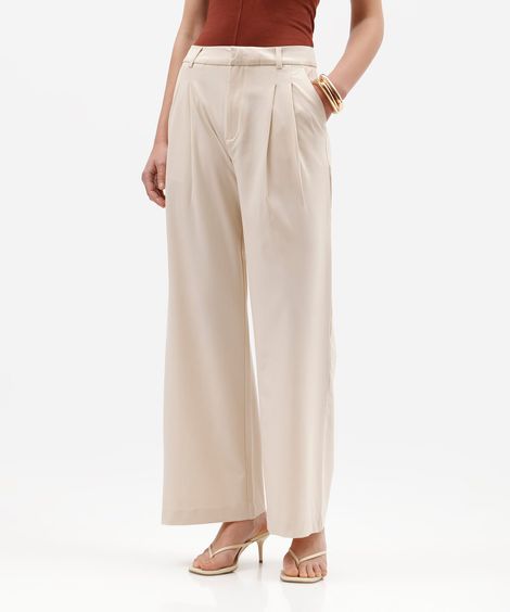 calça de alfaiataria wide leg feminina com pregas bege