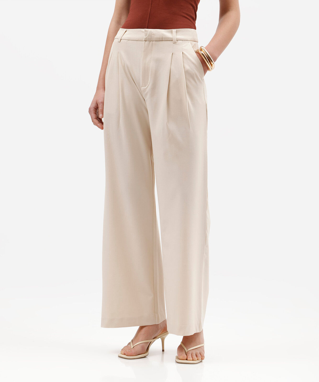 calça de alfaiataria wide leg feminina com pregas bege