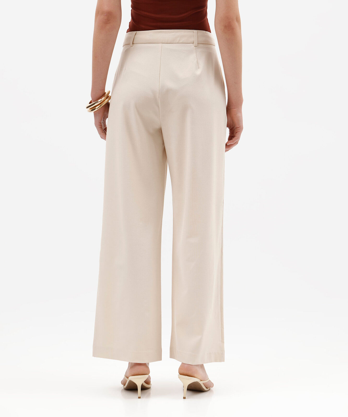 calça de alfaiataria wide leg feminina com pregas bege