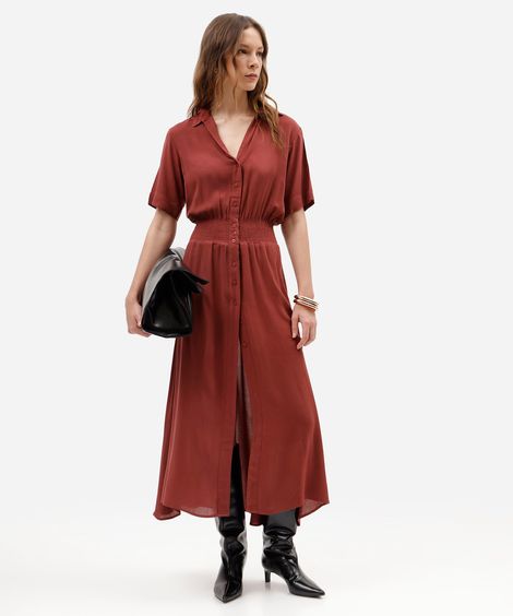 vestido midi chemise feminino de viscose manga curta com lastex vinho