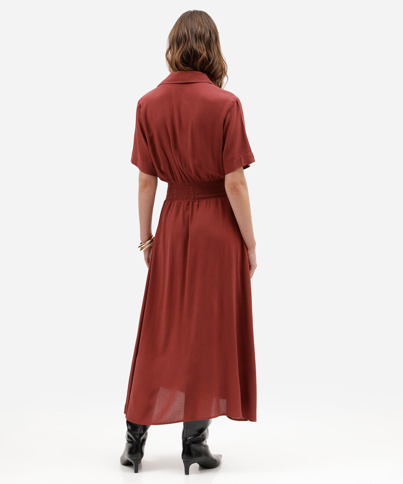 vestido midi chemise feminino de viscose manga curta com lastex vinho