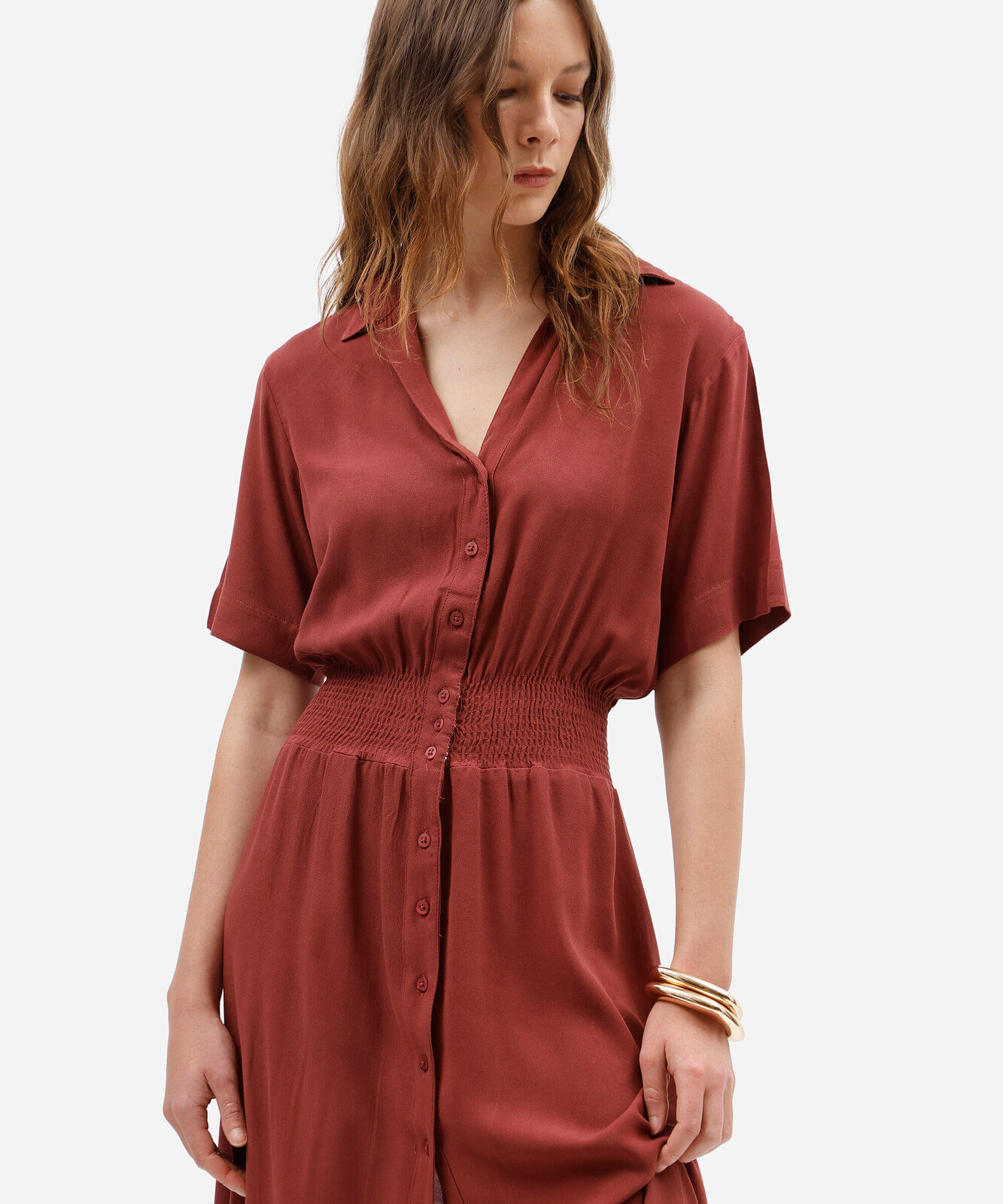 vestido midi chemise feminino de viscose manga curta com lastex vinho