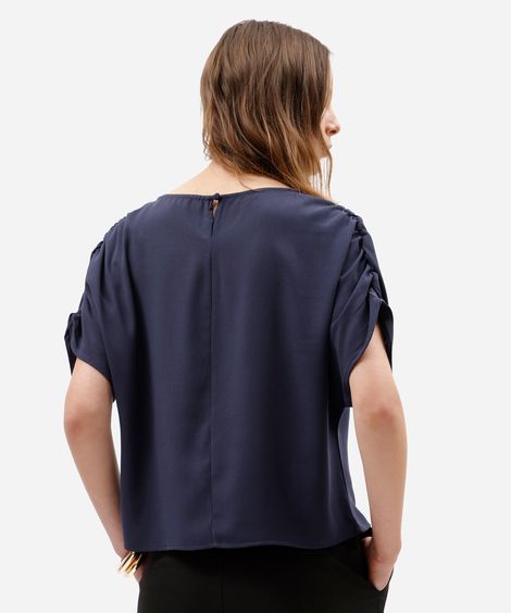 blusa feminina decote cano manga curta franzida azul