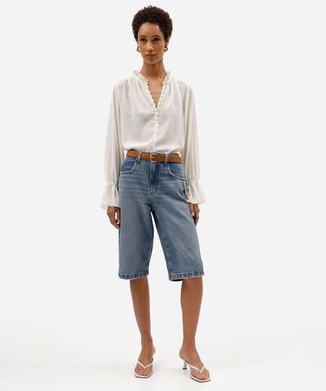 bermuda jorts feminina jeans cintura alta com cinto azul