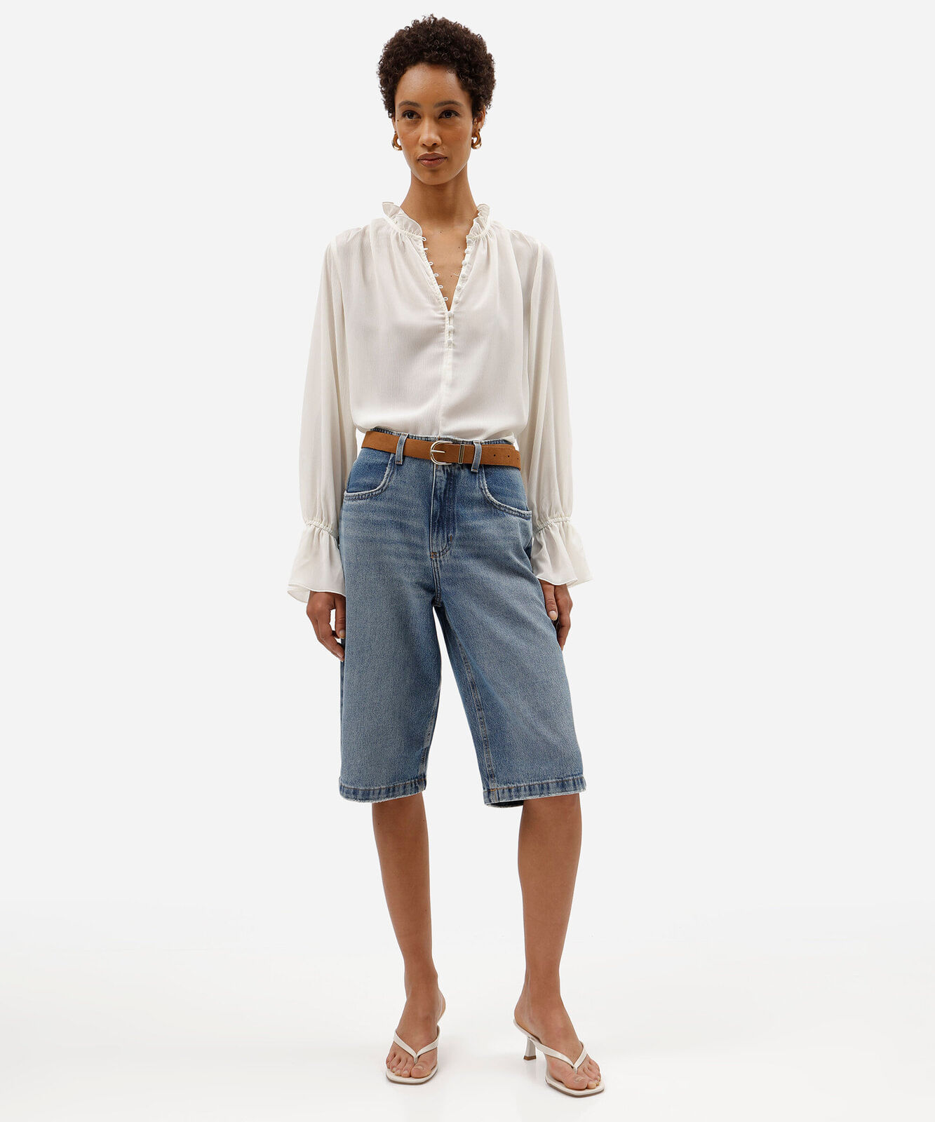 bermuda jorts feminina jeans cintura alta com cinto azul