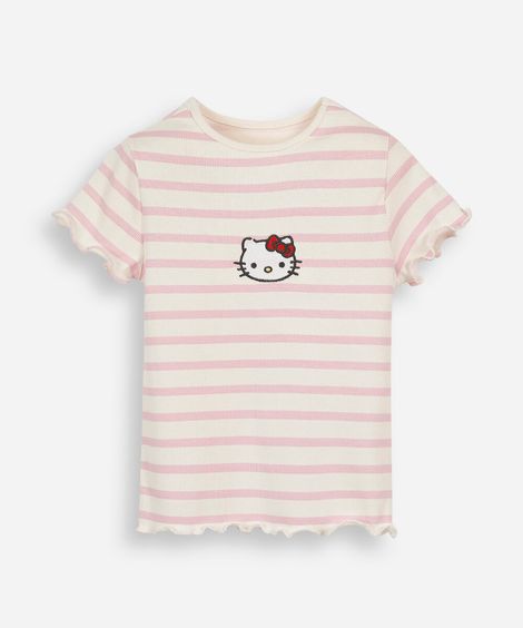 blusa infantil de algodão manga curta hello kitty listrada rosa