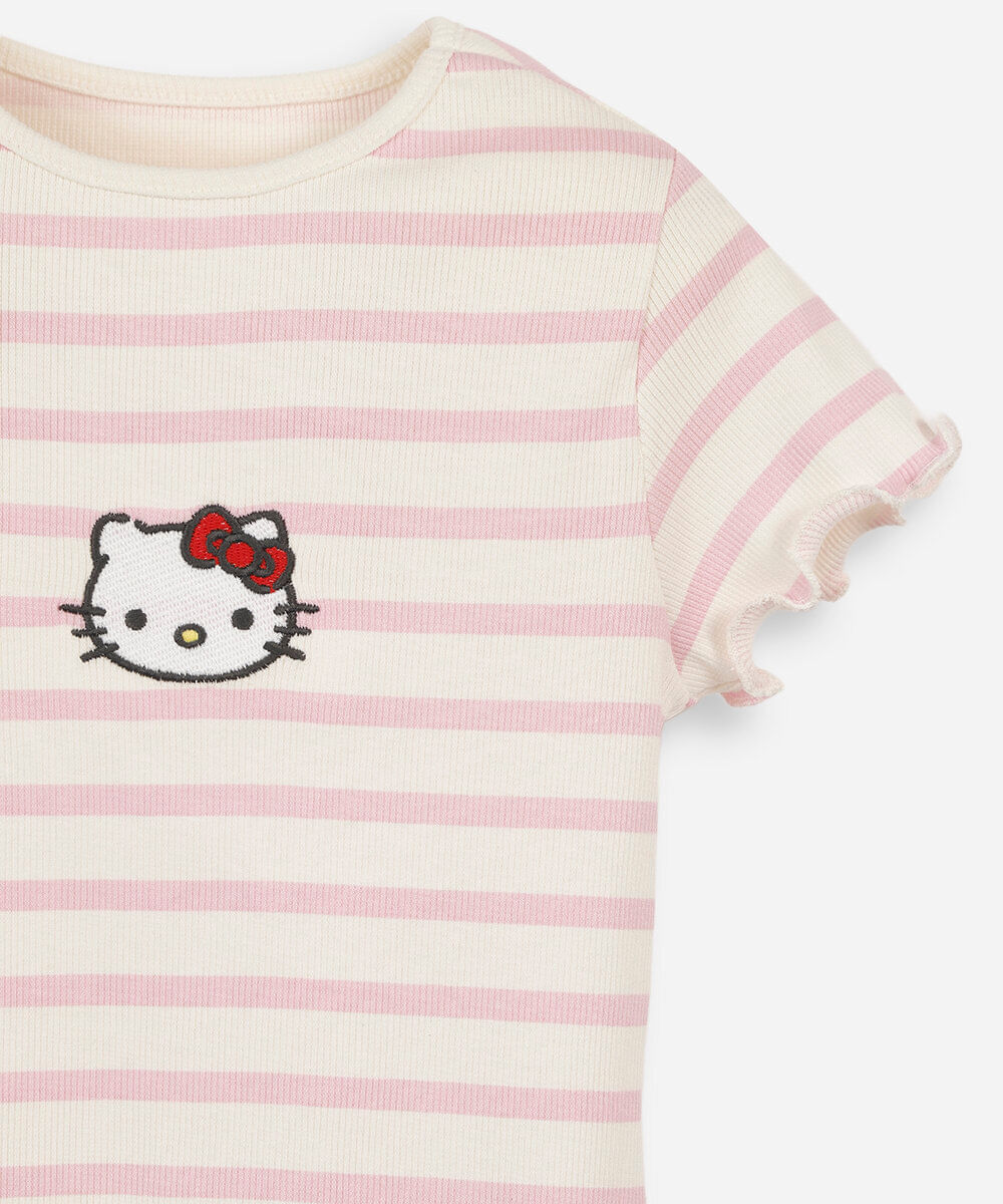 blusa infantil de algodão manga curta hello kitty listrada rosa