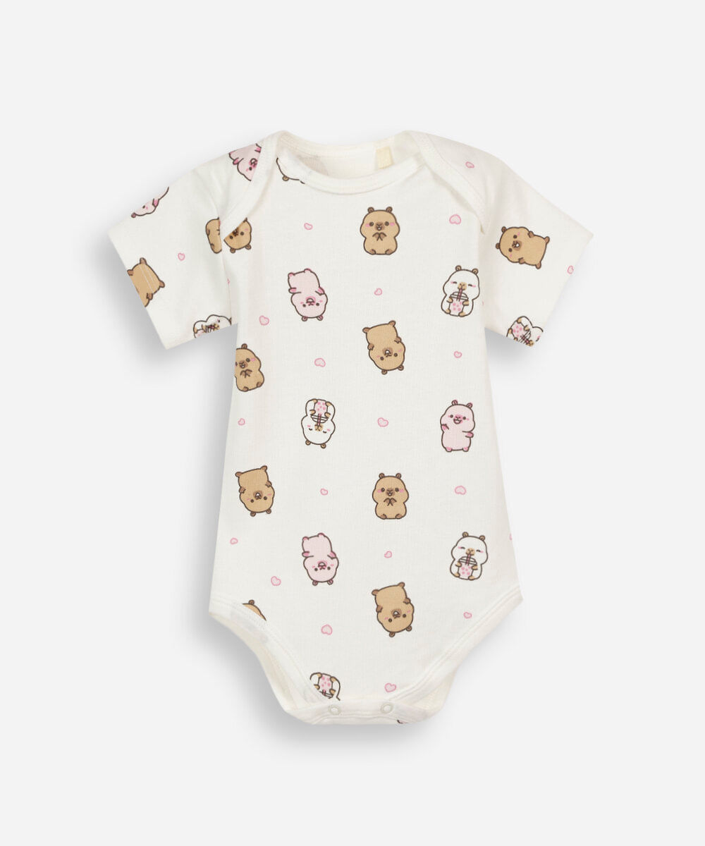 body infantil de algodão manga curta capivaras off white