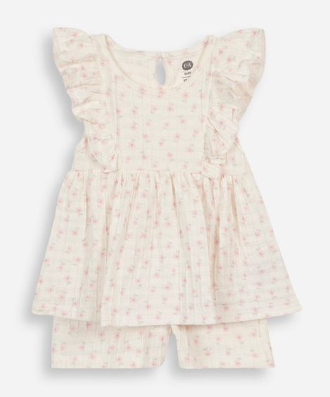 conjunto curto infantil de algodão com babados floral off white