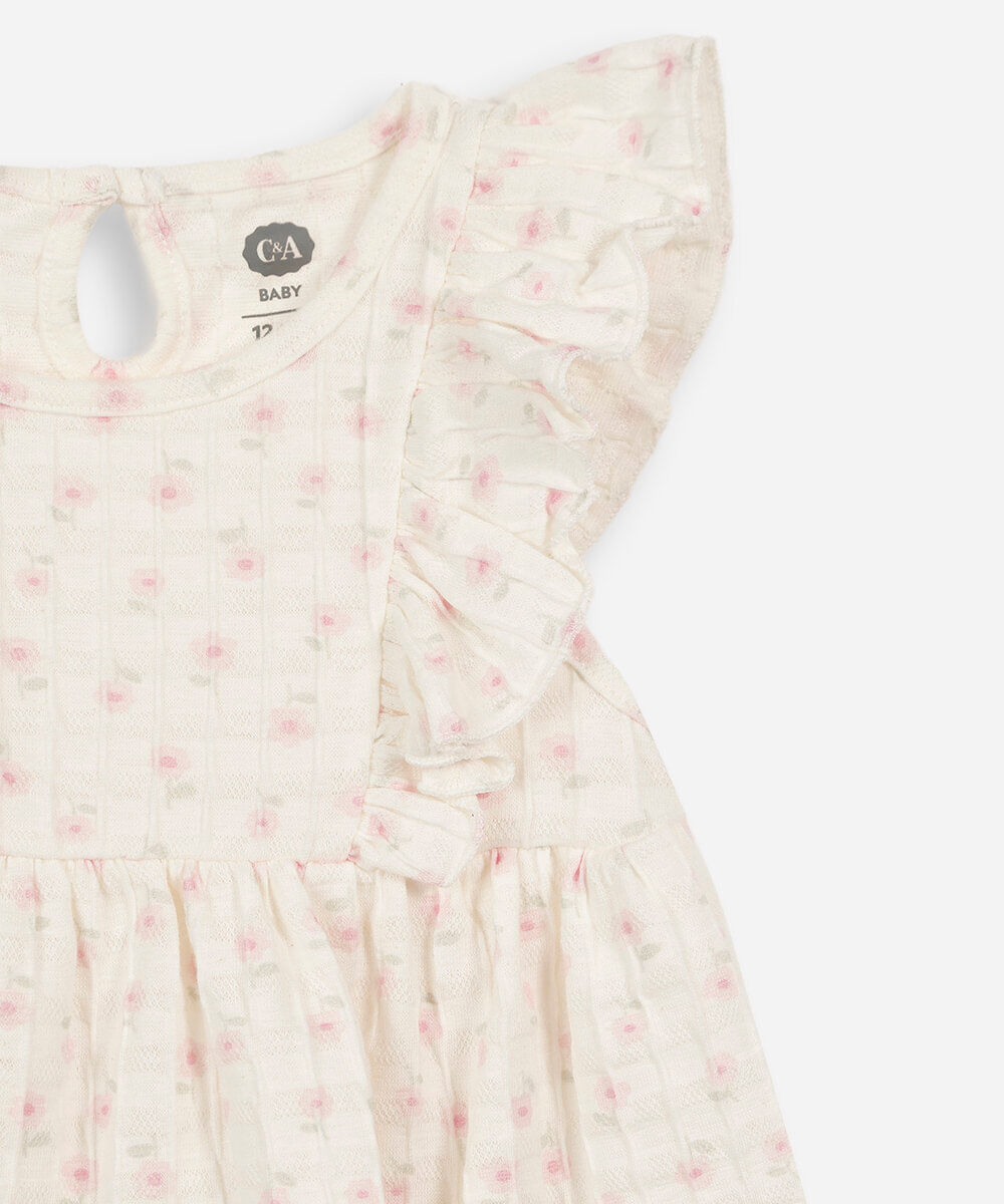 conjunto curto infantil de algodão com babados floral off white