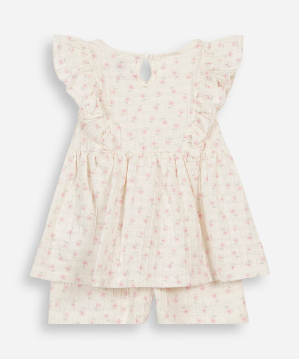 conjunto curto infantil de algodão com babados floral off white