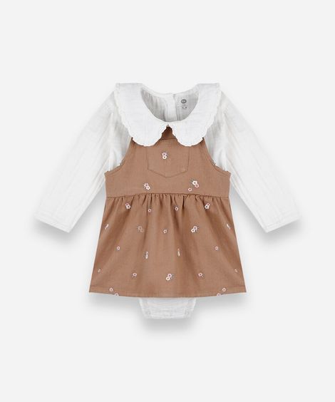 conjunto curto infantil de algodão com bordado floral marrom