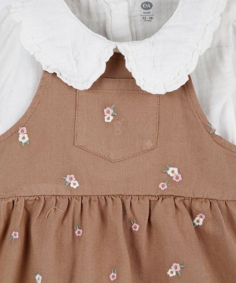 conjunto curto infantil de algodão com bordado floral marrom