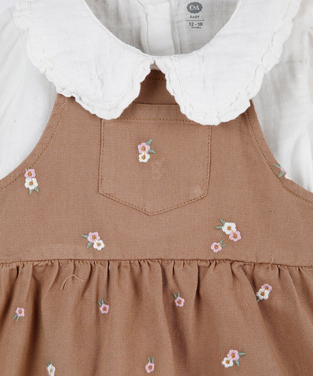 conjunto curto infantil de algodão com bordado floral marrom