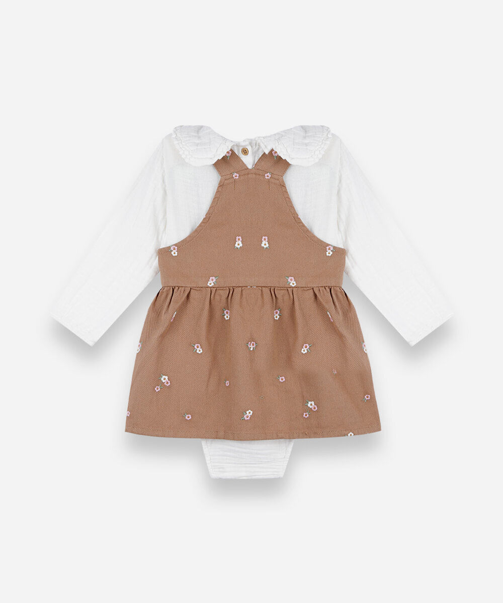 conjunto curto infantil de algodão com bordado floral marrom