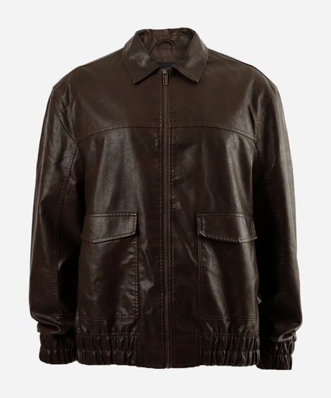 jaqueta bomber masculina de pu com bolsos plus size marrom