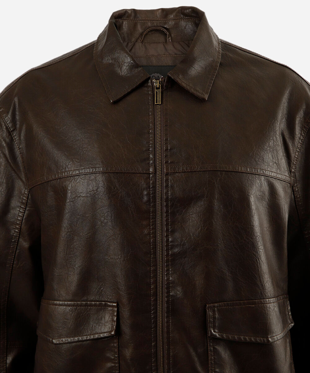 jaqueta bomber masculina de pu com bolsos plus size marrom