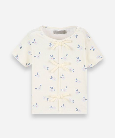 blusa infantil de algodão manga curta com laços floral amarela