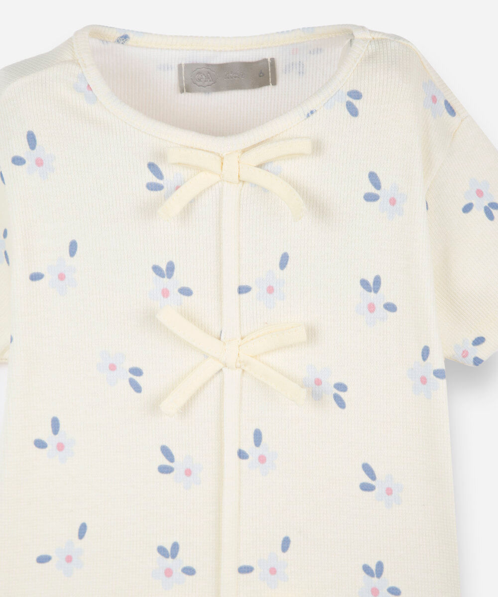 blusa infantil de algodão manga curta com laços floral amarela