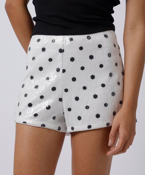short feminino de paetê poá mindset off white