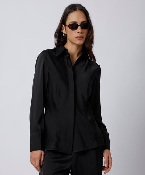 camisa feminina manga longa acetinada mindset preta