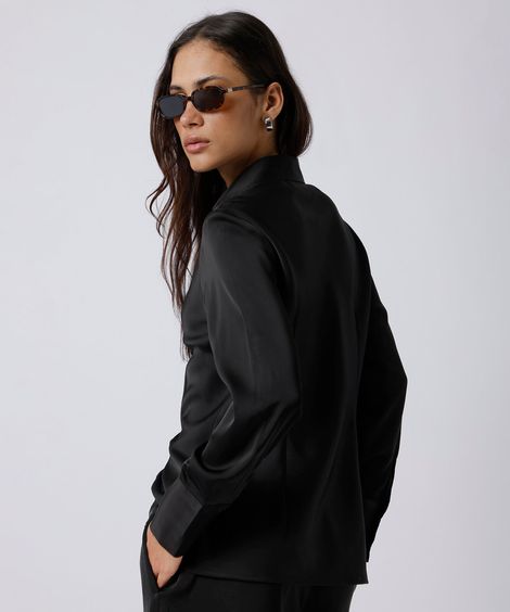 camisa feminina manga longa acetinada mindset preta