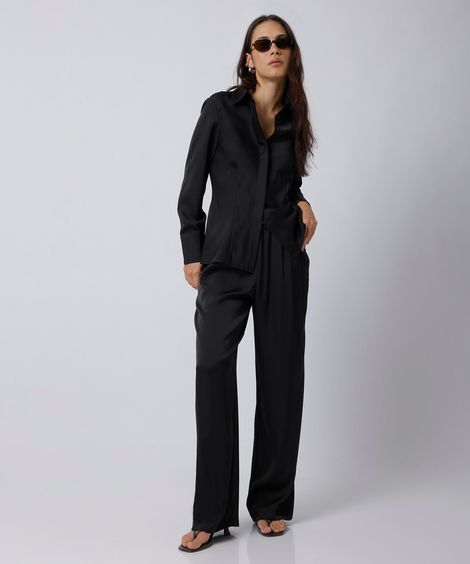 calça reta feminina cós elástico acetinada mindset preta