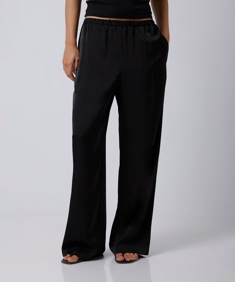 calça reta feminina cós elástico acetinada mindset preta