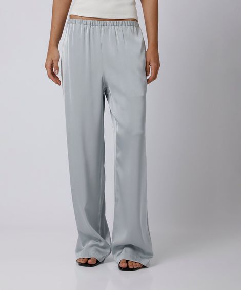 calça reta feminina cós elástico acetinada mindset azul