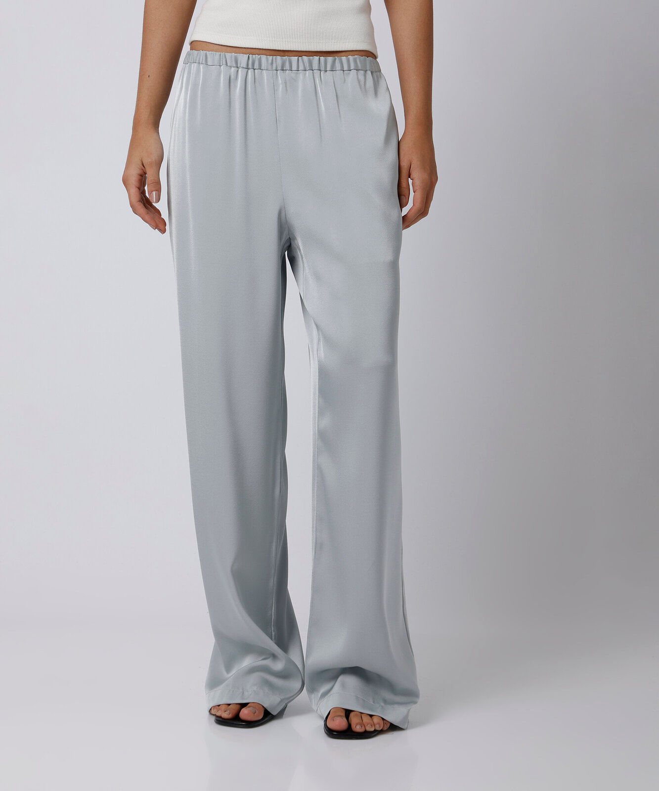 calça reta feminina cós elástico acetinada mindset azul