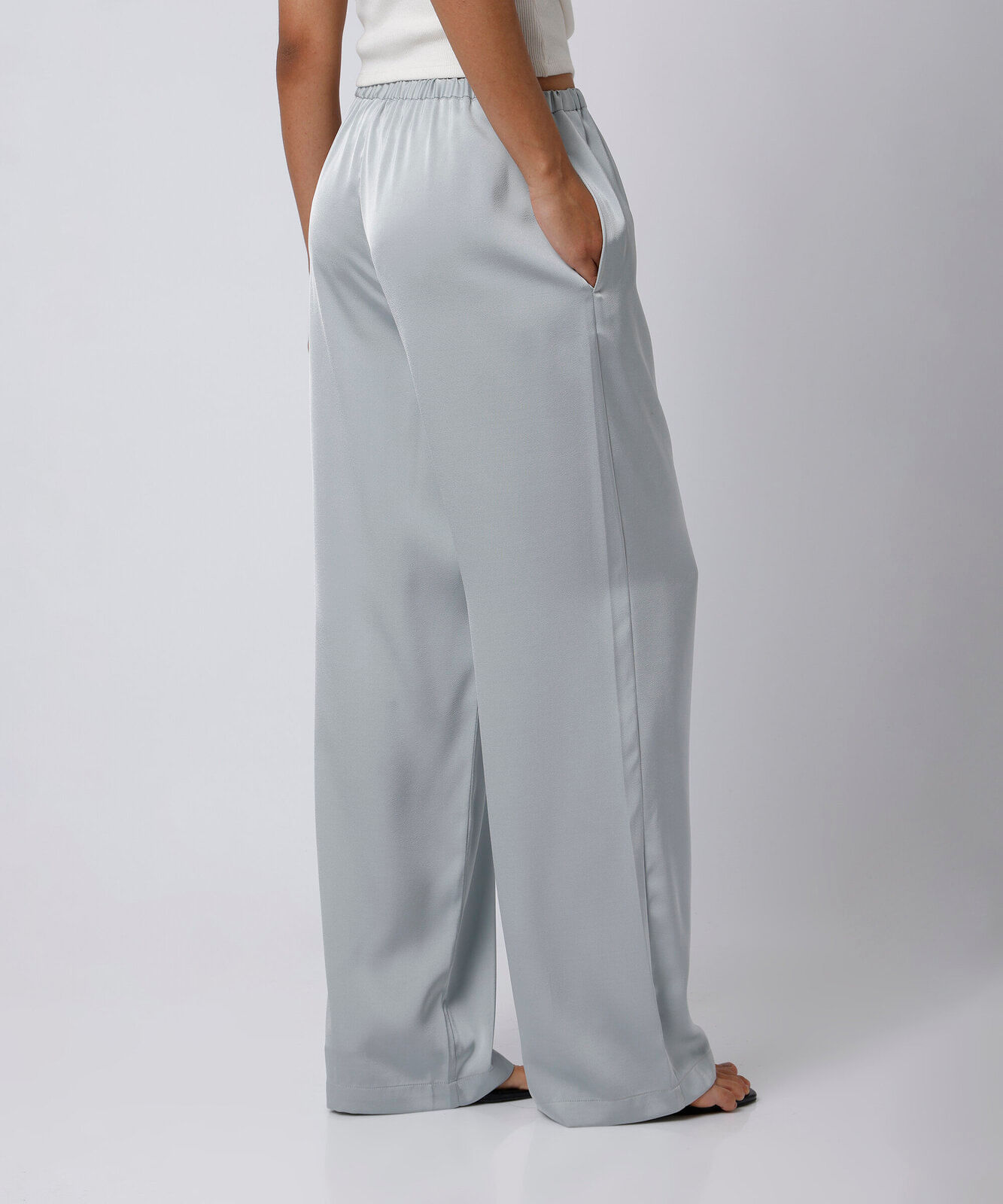calça reta feminina cós elástico acetinada mindset azul
