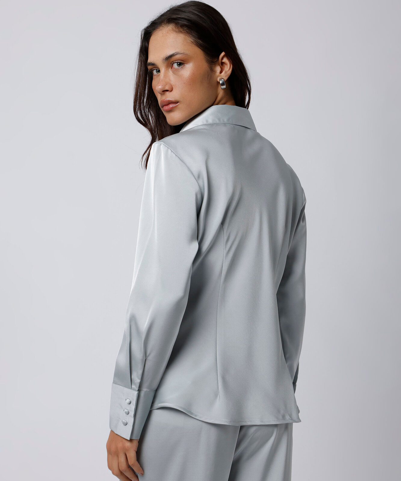 camisa feminina manga longa acetinada mindset azul