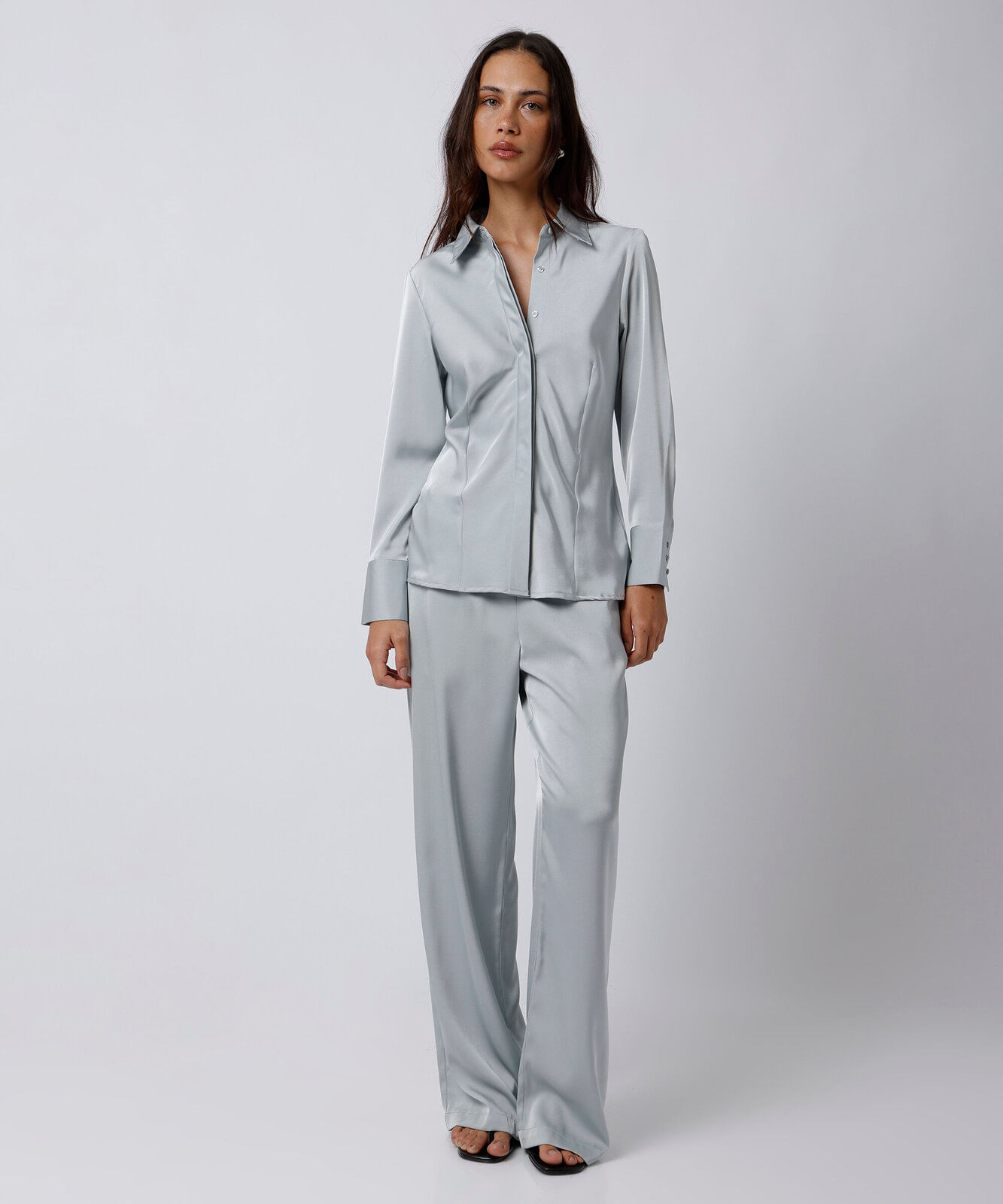 camisa feminina manga longa acetinada mindset azul