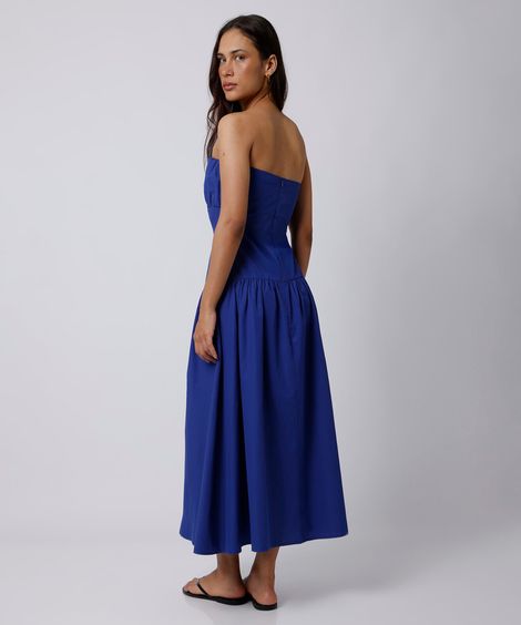 vestido midi sem alça feminino franzido mindset azul