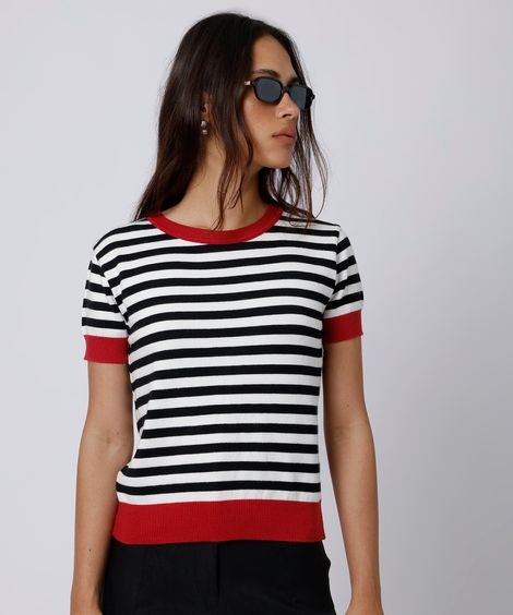 blusa feminina de tricot manga curta listrada mindset colorida