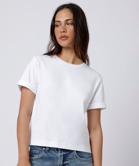 camiseta feminina de algodão peruano manga curta dobrada mindset branca