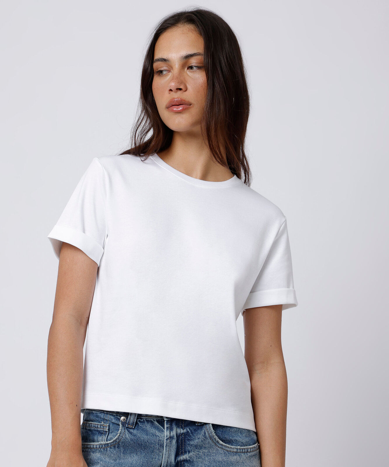 camiseta feminina de algodão peruano manga curta dobrada mindset branca