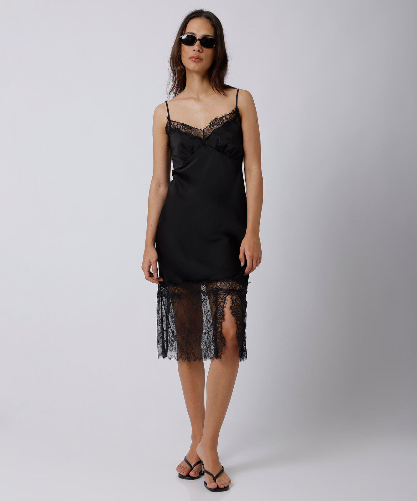 vestido midi slip dress feminino alça fina com renda mindset preto