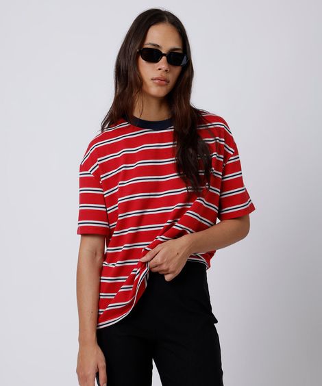 camiseta oversized feminina com algodão manga curta listrada mindset vermelha