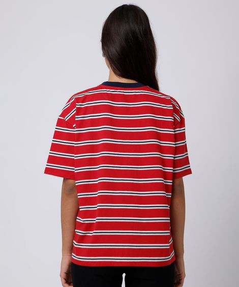 camiseta oversized feminina com algodão manga curta listrada mindset vermelha